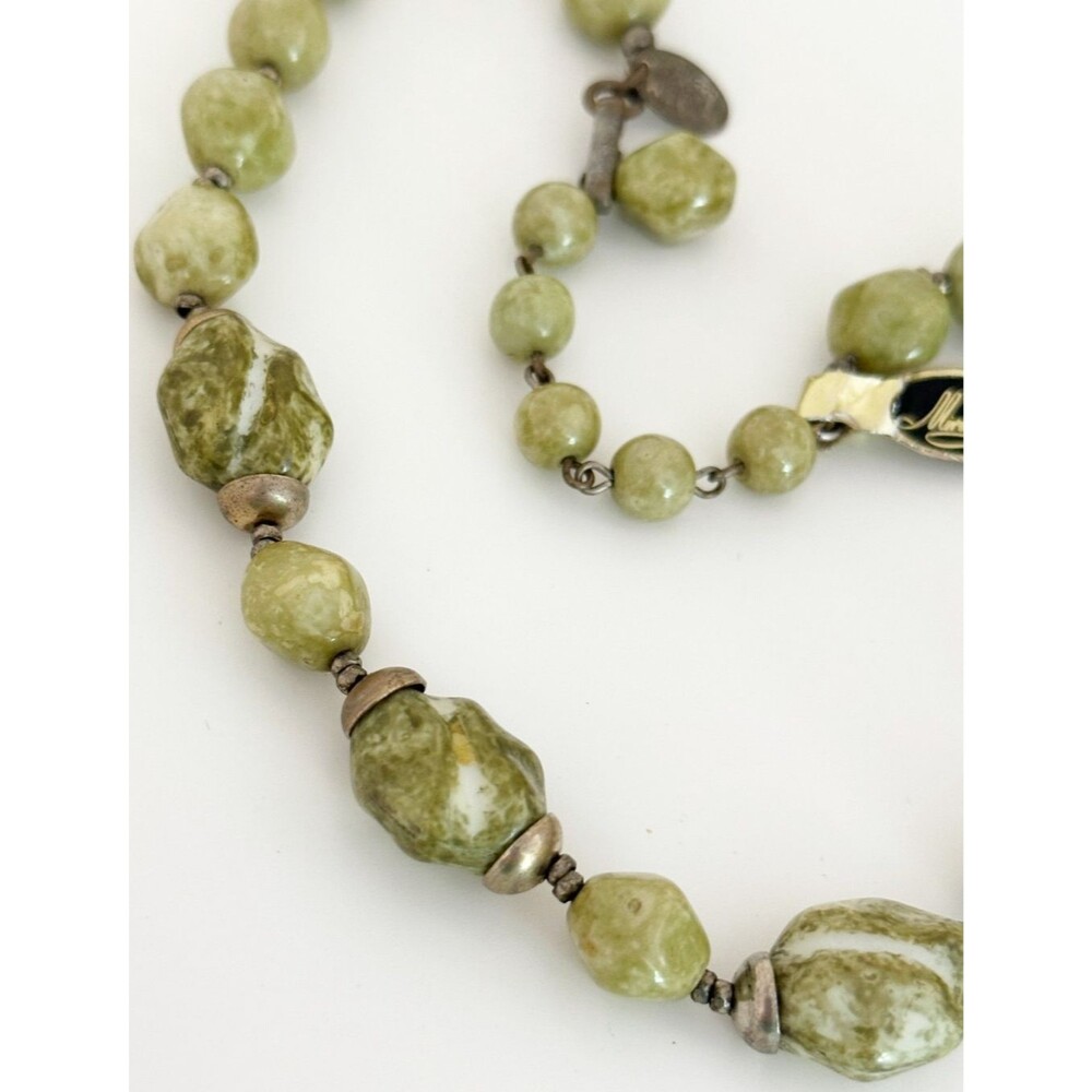 Vintage Signed Miriam Haskell Marbled Green Glass Nugget Bead Statement Necklace - Picture 9 of 9